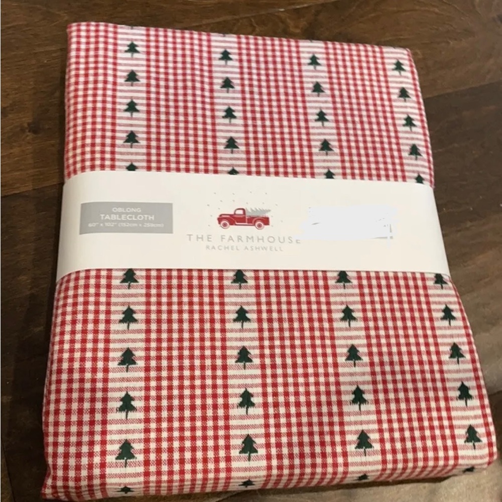 The Farmhouse Rachel Ashwell Christmas Tree Tablecloth Plaid 60” Round Red - Picture 2 of 2